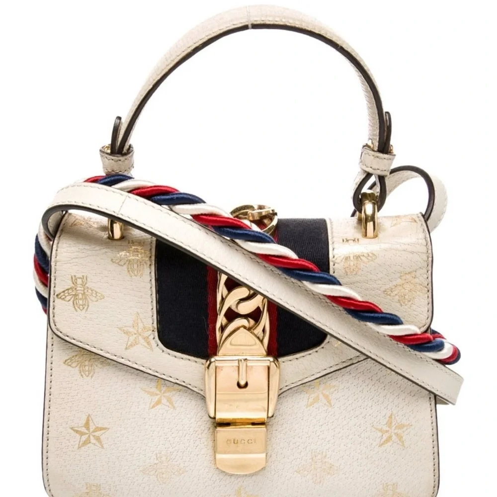 Gucci Web Sylvie Crossbody Bag with Striped Strap, bow and leather strep - Picture 2 of 8